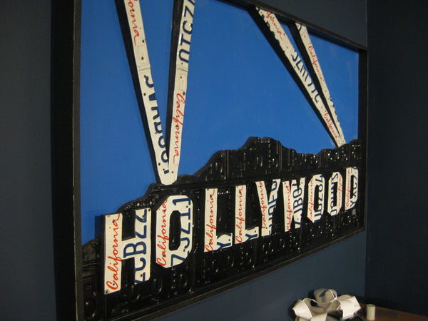 Hollywood sign made from vintage license plates